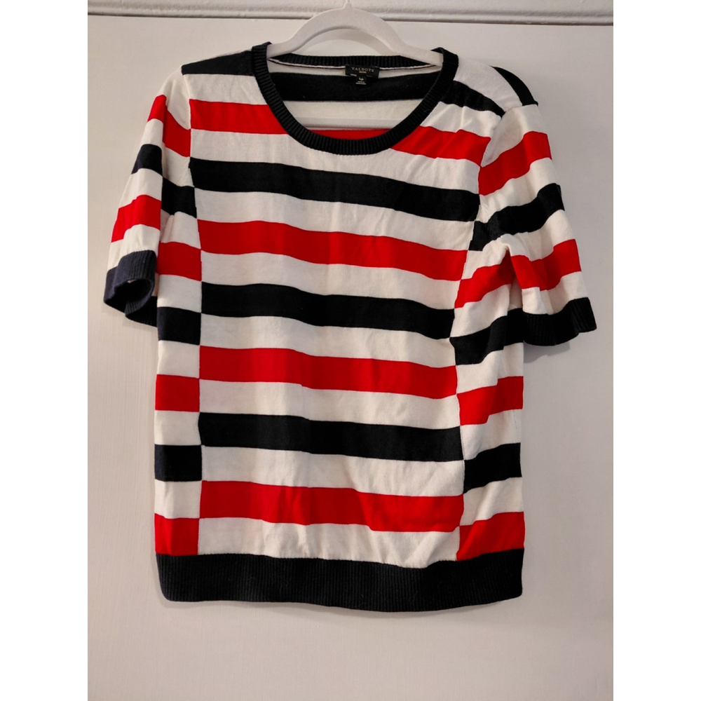 Talbots Woman’s Petites L Top Short Sleeve Light Knit Top Red White Blue Stripes